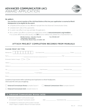  Toastmasters International Advanced Communicator Award Application Form Per Manual PDF 2011