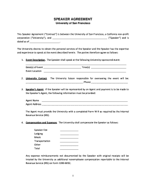 SPEAKER AGREEMENT University of San Francisco Usfca  Form