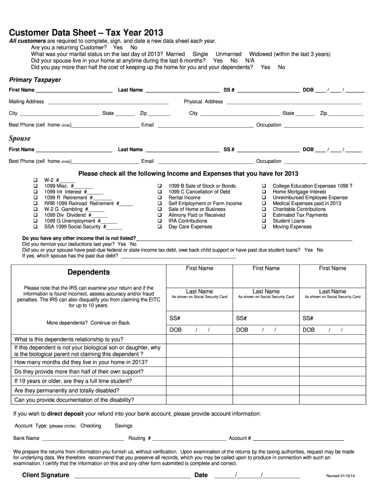 Customer Data Sheet  Form