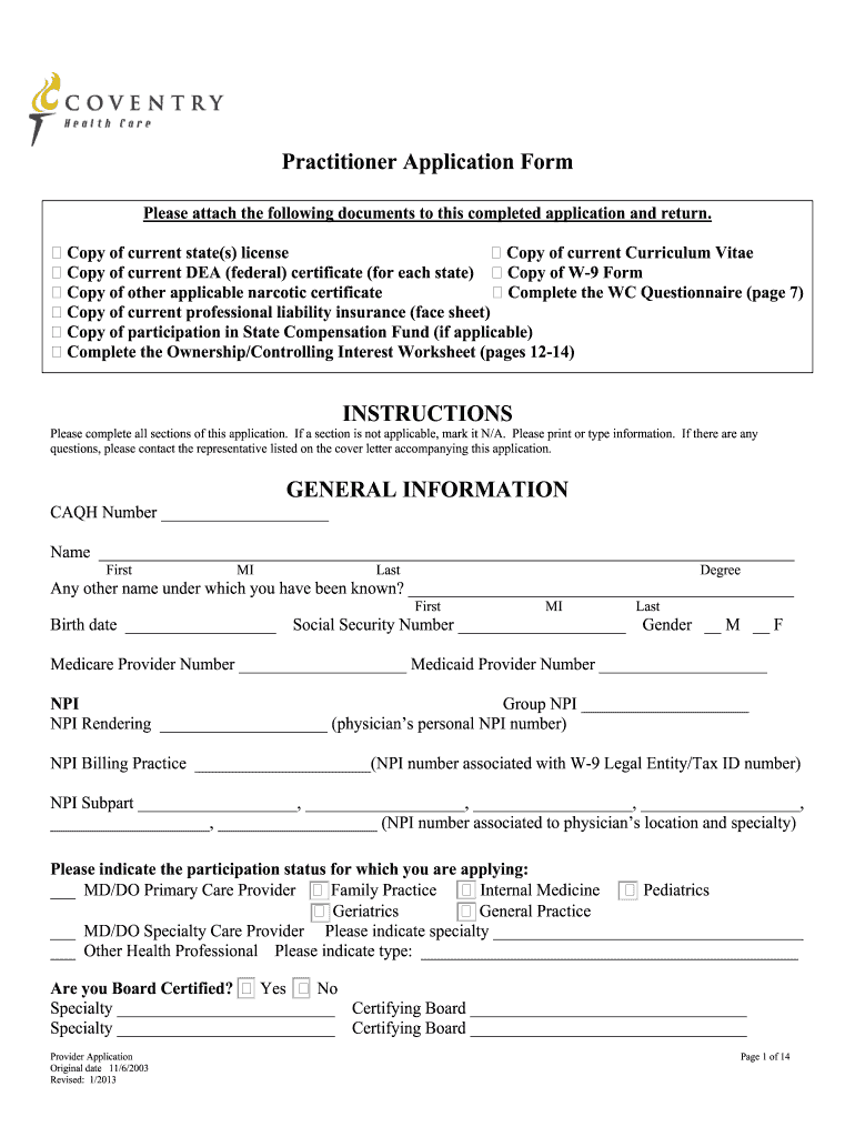  Practitioner Application Form Coventry Health Care of KS Inc 2013-2024