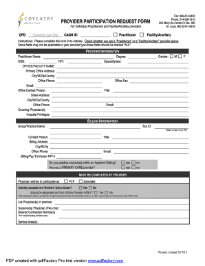PROVIDER PARTICIPATION REQUEST FORM Coventry Health Care