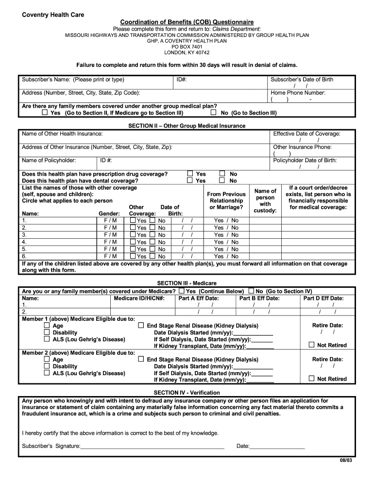 Coventry Health Care Coordination of Benefits COB Questionnaire  Form