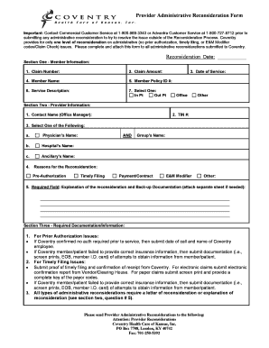 Conventry Provider Administrative Review Form