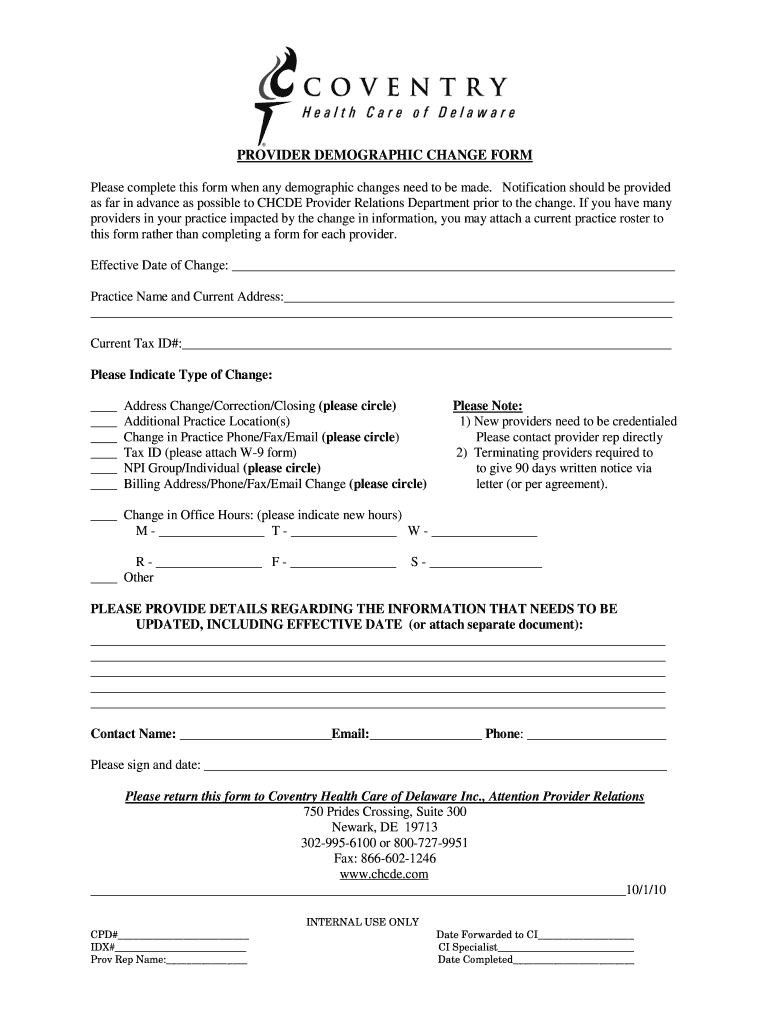  Provider Demographic Change Form Coventry Health Care of 2010-2024