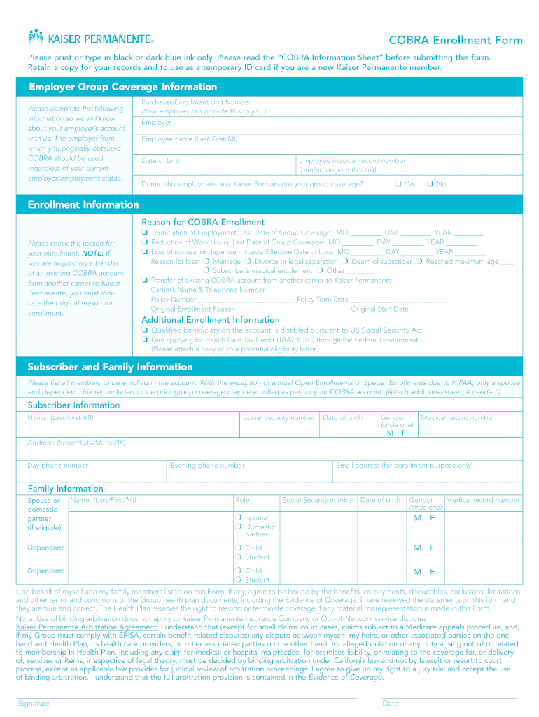  Kaiser Permanente  COBRA Enrollment Form PDF  MEBA  Mymeba 2002