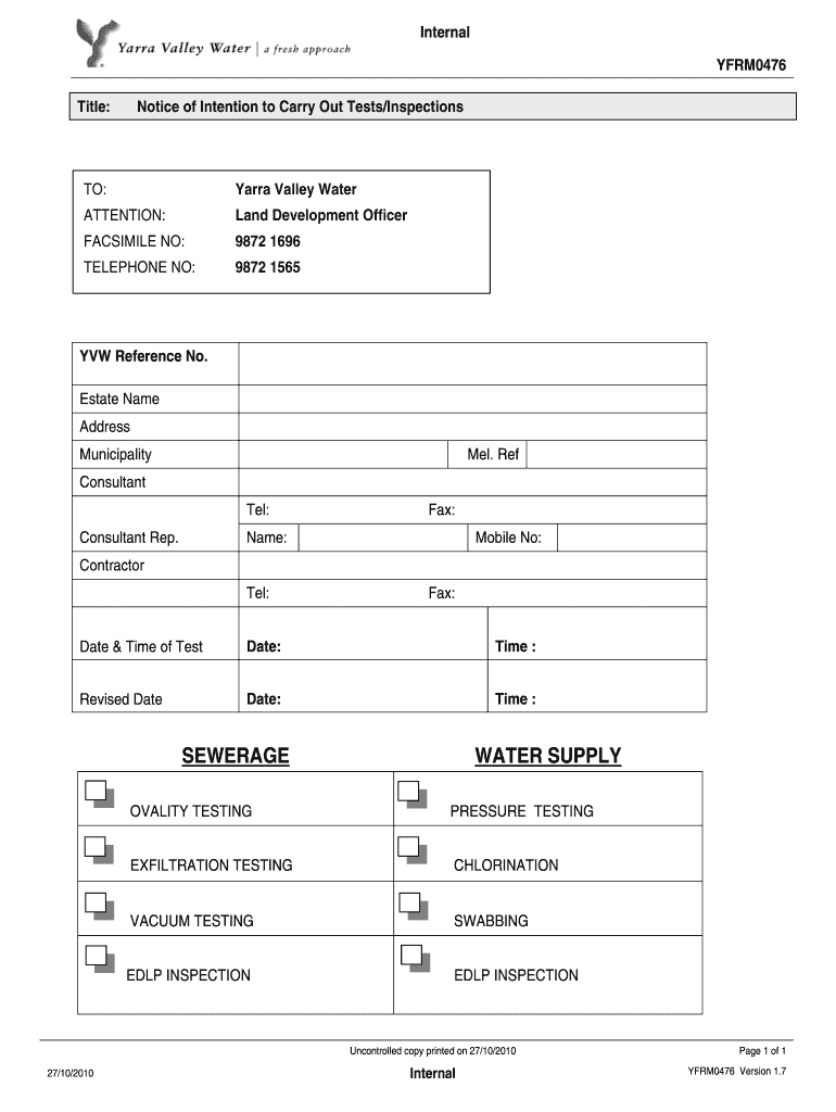  YVW Form Template Yarra Valley Water 2010-2024