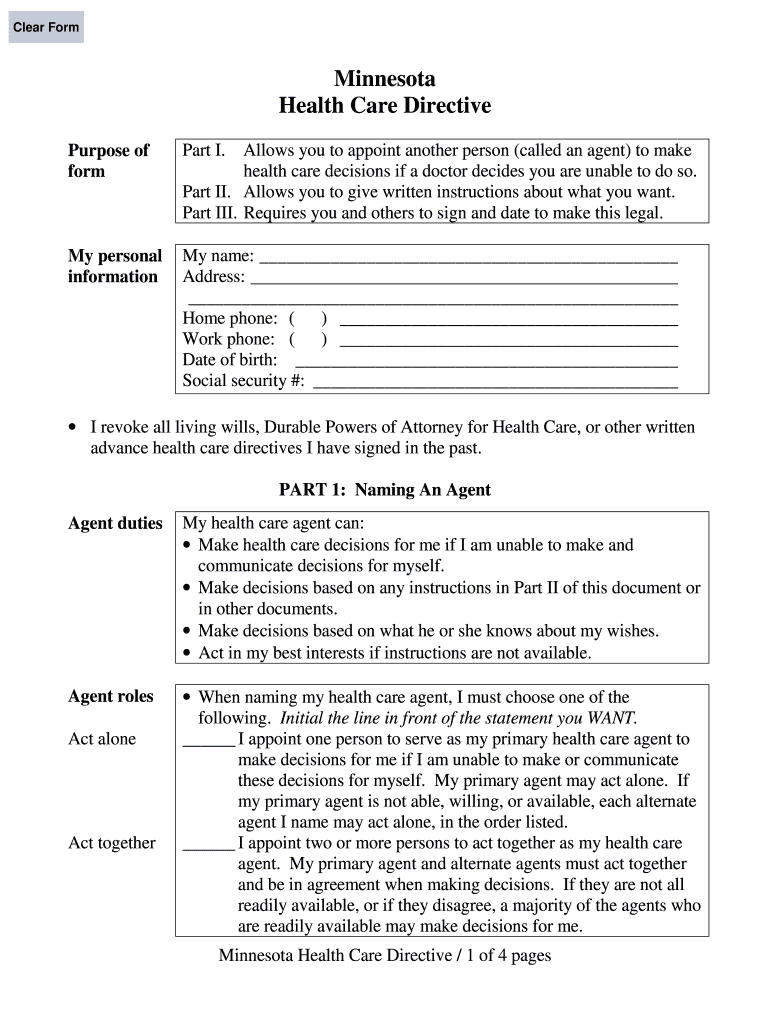 Minnesota Health Care Directive Form Minnesota Medical  Mnmed