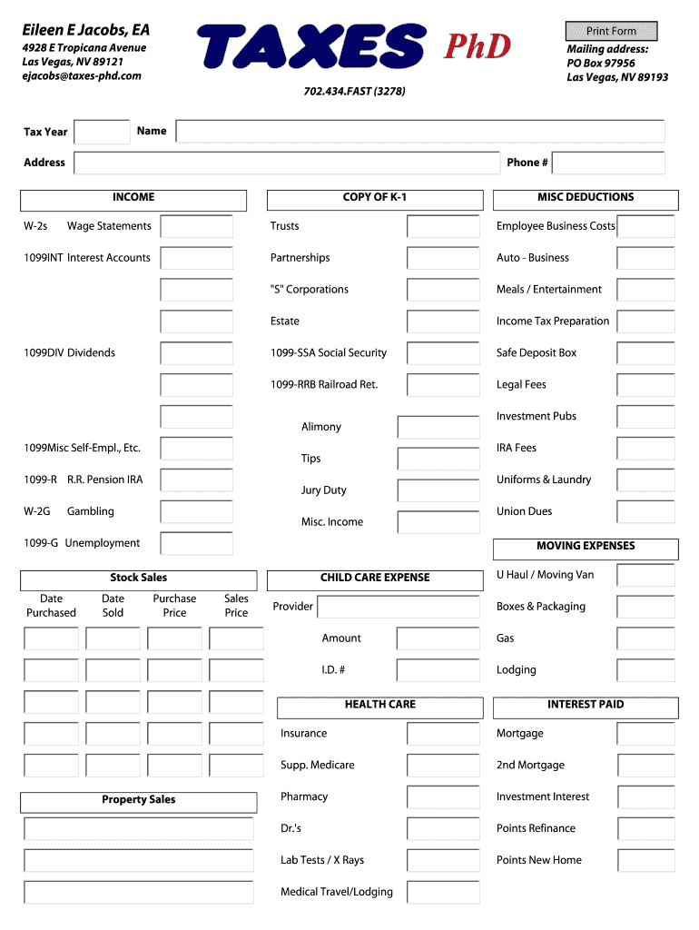 Personal Organizer Amp Deduction Checklist Taxes PhD  Form