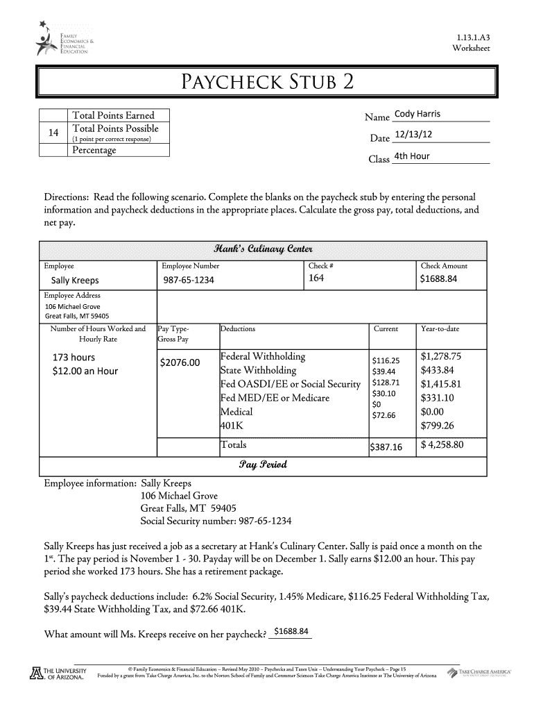 Paycheck Stub 2 Worksheet Answers  Form