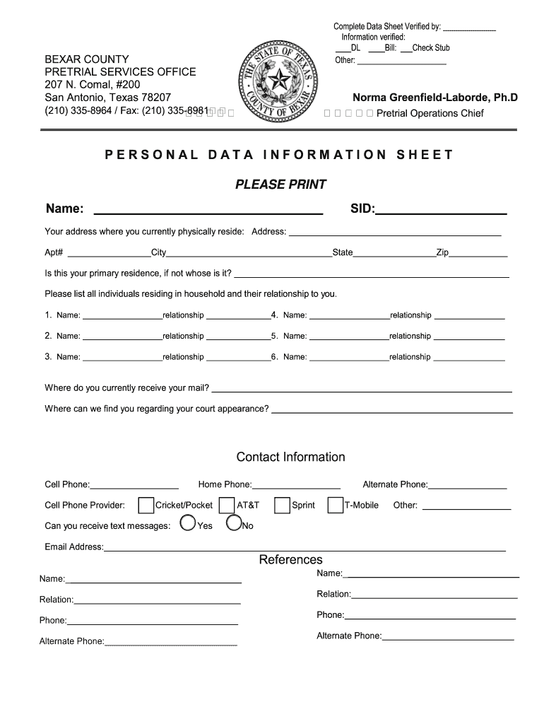  Bexar County Personal Data Information Sheet 2010-2024