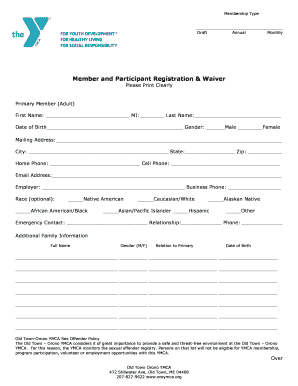 Membership &amp; Participant Form and Waivers Old Town Orono YMCA Otoymca
