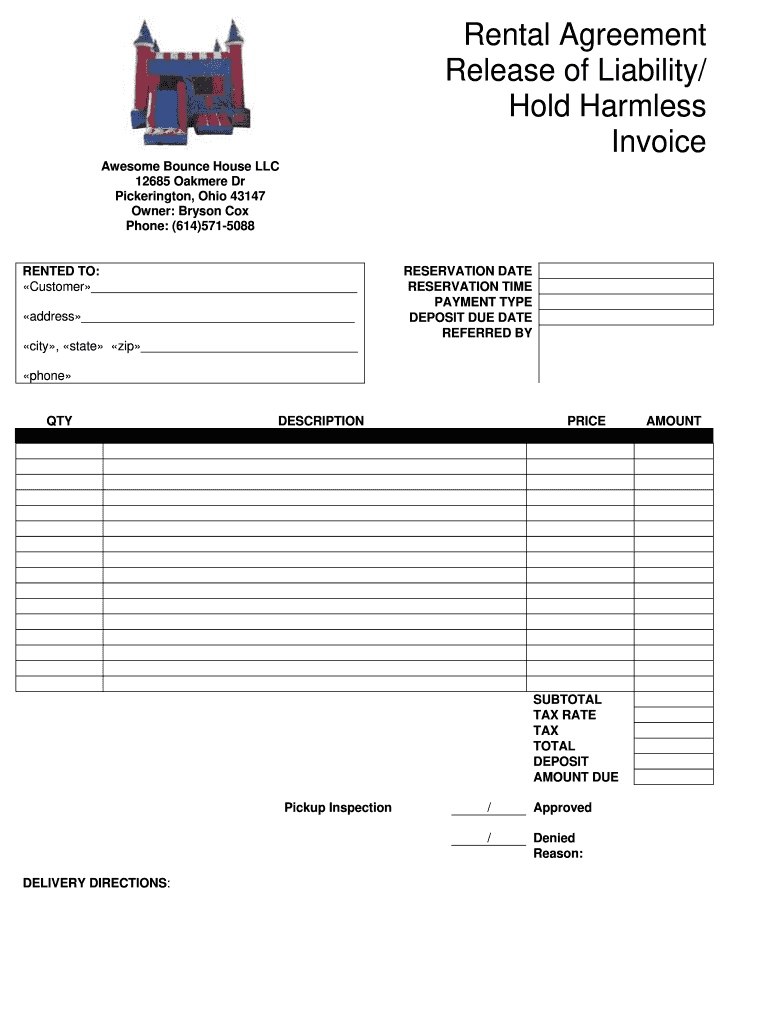 Invoice Rental Agreement of Liability Hold Harmless Form