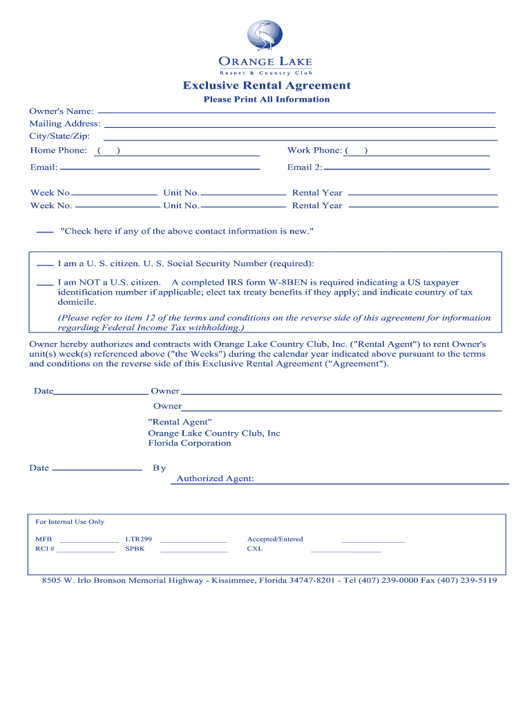 Orange Lake Exclusive Rental Agreement Form