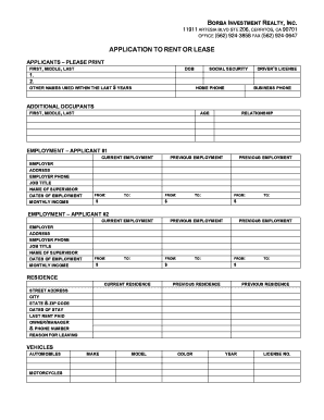 APPLICATION to RENT or LEASE Borba Investment Realty  Form