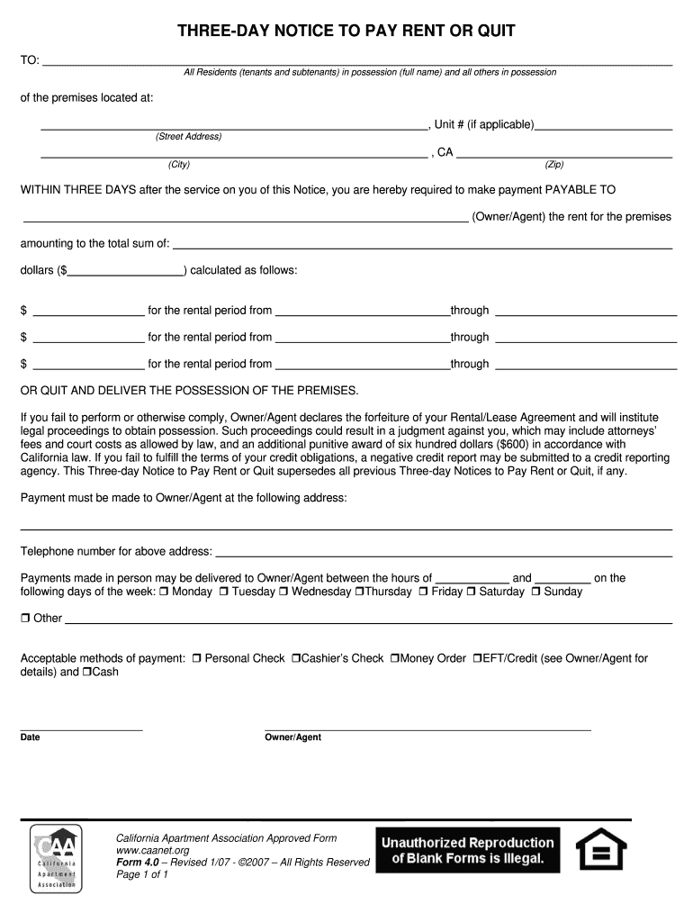 Get and Sign 14 Day Notice to Pay Rent or Quit Filled Out 2007-2022 Form