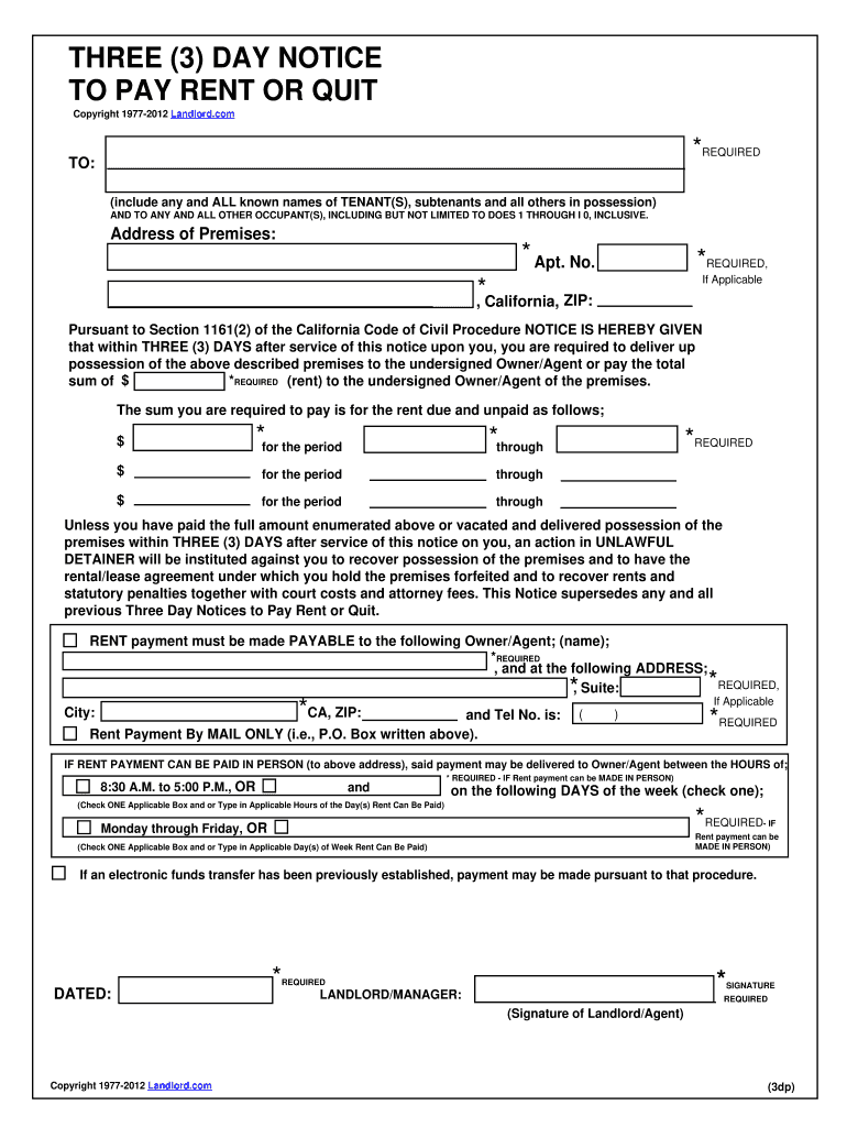 3 Day Notice to Pay or Quit California PDF  Form