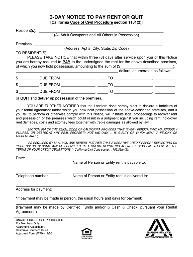 Get and Sign Printable 3 Day Pay or Quit 2006-2022 Form