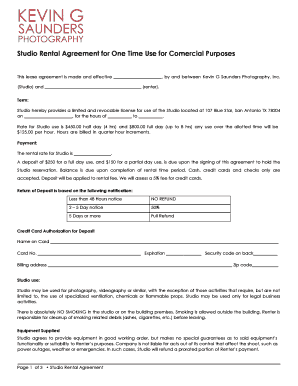 Studio Rental Agreement for One Time Use for Comercial Purposes  Form
