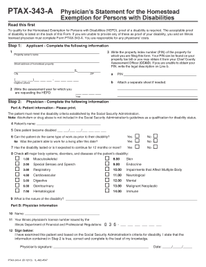 PTAX 343 a Physicians Statement for the Homestead Exemption for Persons with Disabilities Co Madison Il  Form