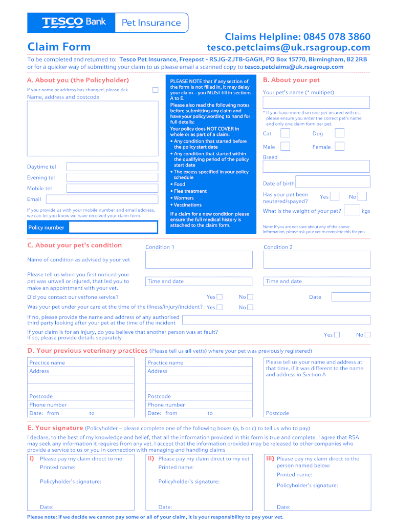  Tesco Pet Insurance Claim Form 2013-2024