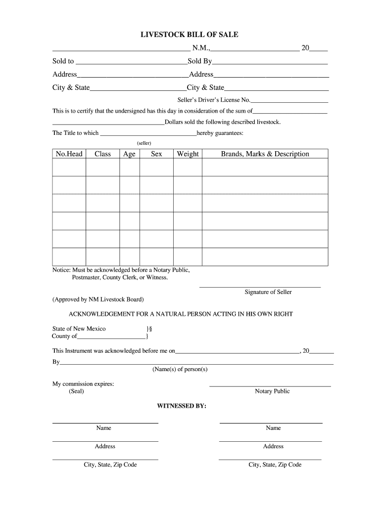 New Mexico Livestock Bill of Sale  Form