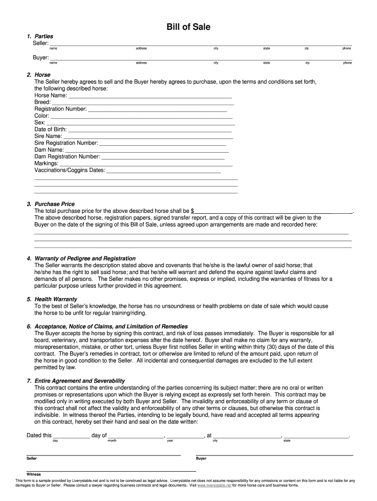 Aqha Bill of Sale  Form