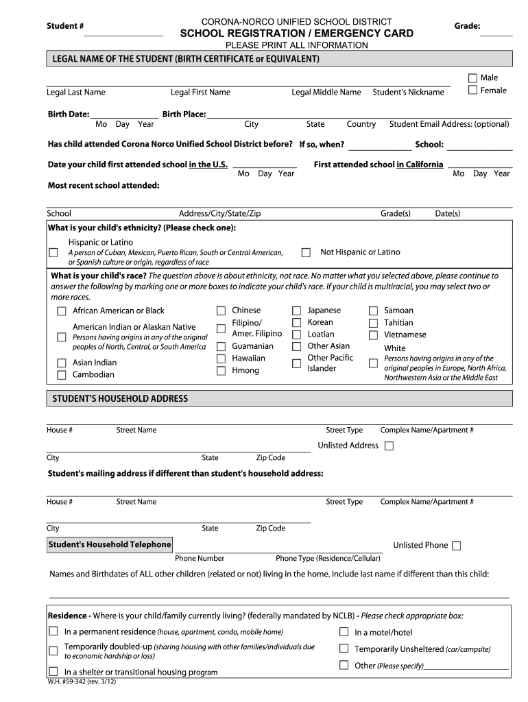  SCHOOL REGISTRATION EMERGENCY CARD  Corona Norco 2012-2024