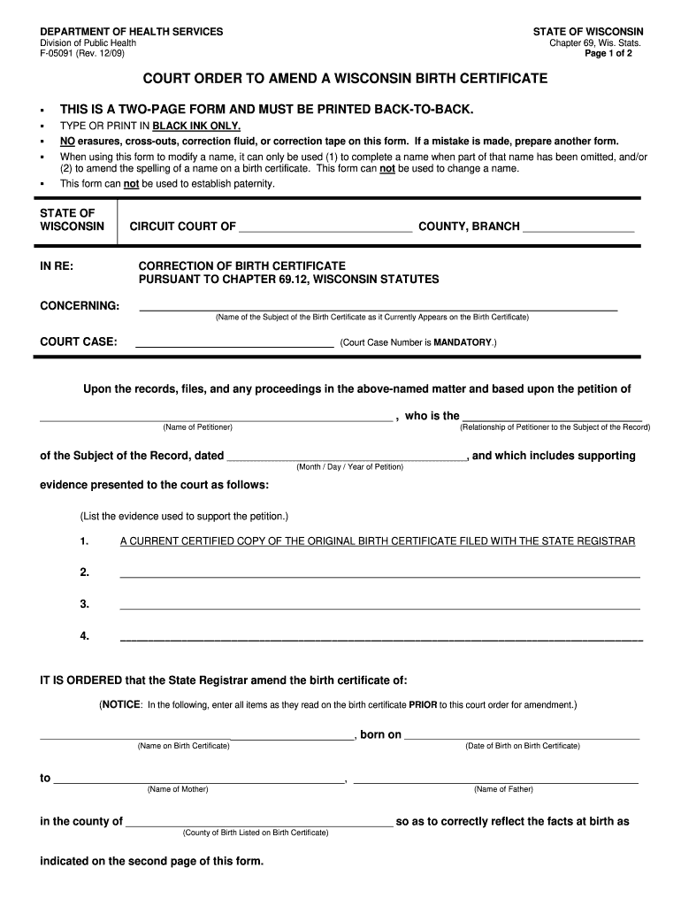  Court Order to Amend a Wi Birth Certificate 2009-2024