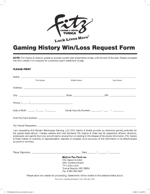 Gaming History WinLoss Request Form Fitzgeralds Casino and