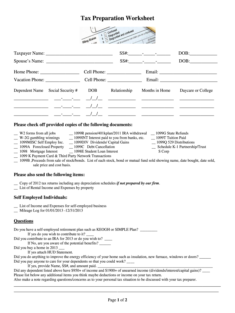  Tax Preparation Worksheet 2013-2024