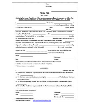 Name Address FORM 709 See Rule 75 Authority for Legal Practitioner, Chartered Accountant, Cost Accountant or Sales Tax Practitio