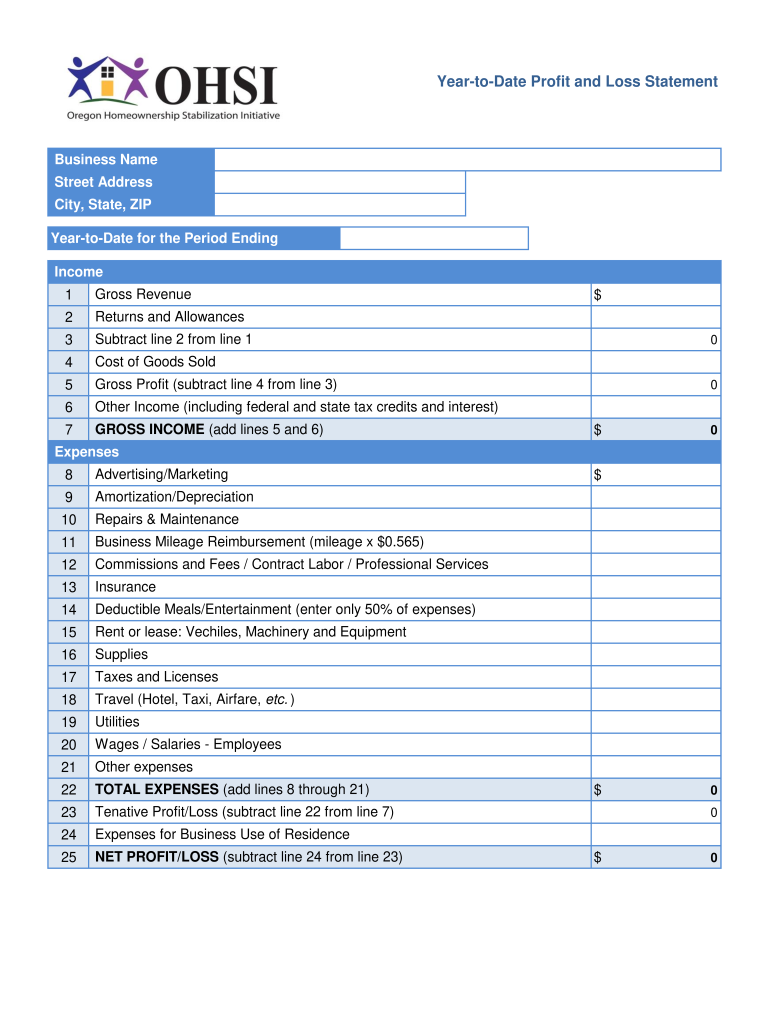 Profit and Loss Year to Date Fill in Excel  Form