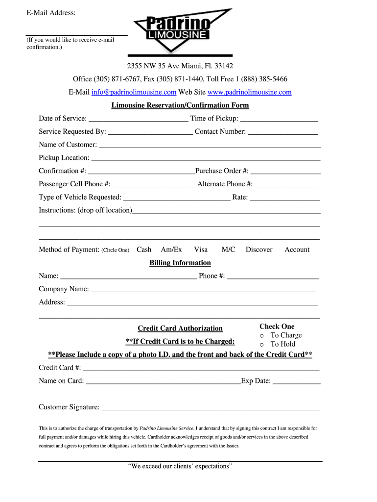 Limousine Confirmation  Form