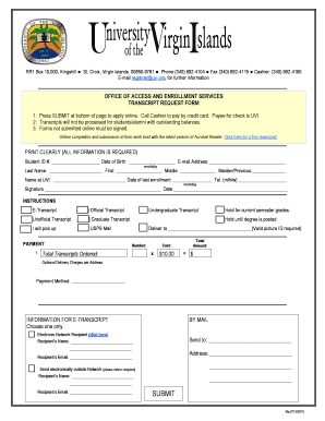 University of the Virgin Islands Transcript Request  Form