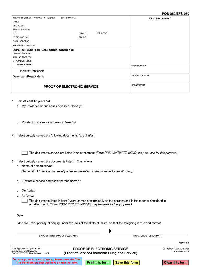  POS 050 EFS 050 Proof of Electronic Service Proof of ServiceElectronic Filing and Service Judicial Council Forms Courts Ca 2017