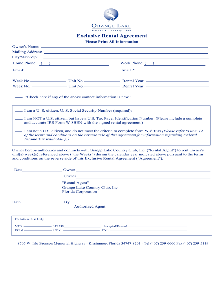 Orange Lake Rental Agreement Form