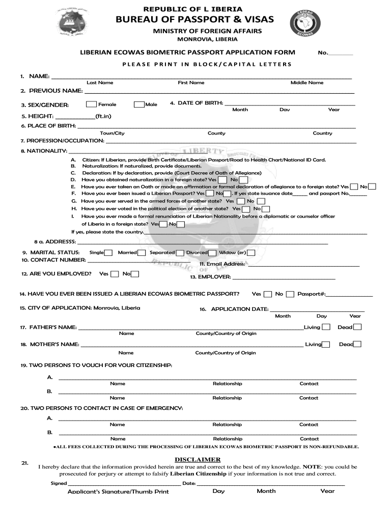 Liberia Birth Certificate Form PDF Download