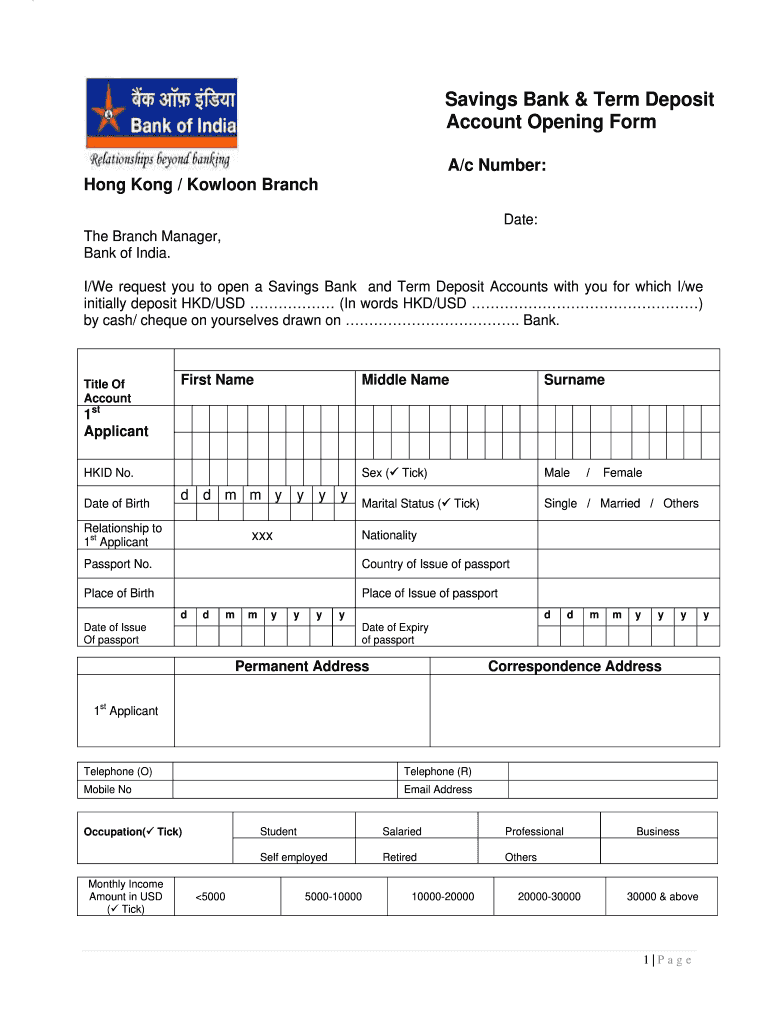 Bank of India Saving Account Form