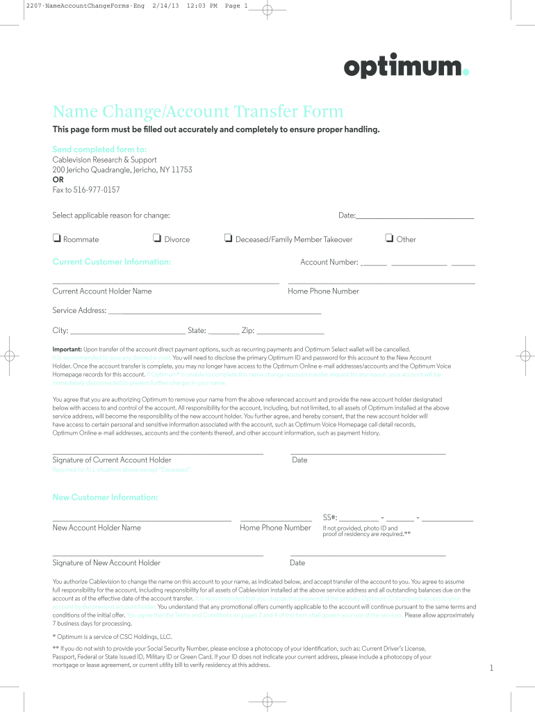  Name ChangeAccount Transfer Form Optimum Preview Optimum 2013