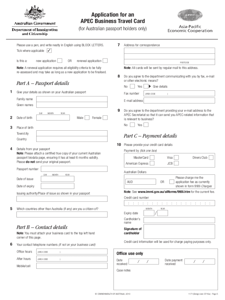  Australia Application Card 2010-2024