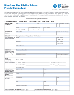 Blue Cross Blue Shield of Arizona Provider Change Form