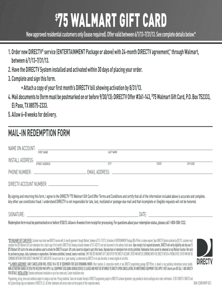 Directv Walmart Gift Card Form Fill Out And Sign Printable PDF 