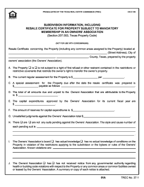 Form 37 1, Subdivision Information, Including Resale Certificate for