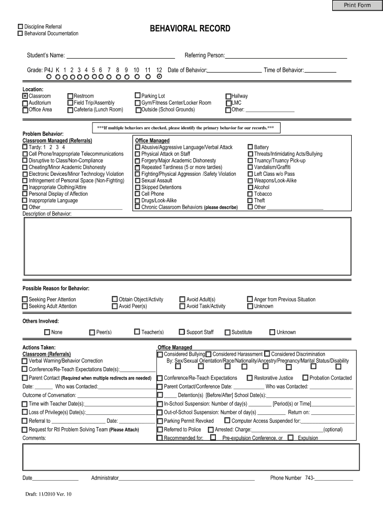 School Discipline Referral Form