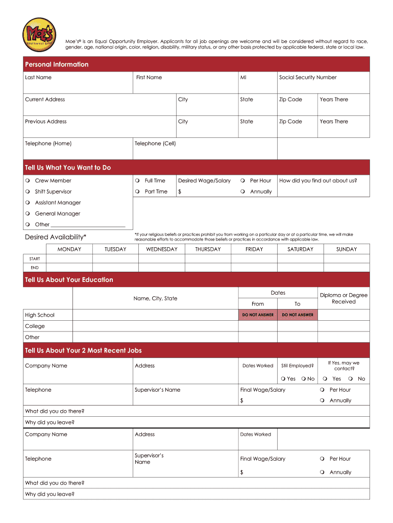 Moe's Printable Application  Form