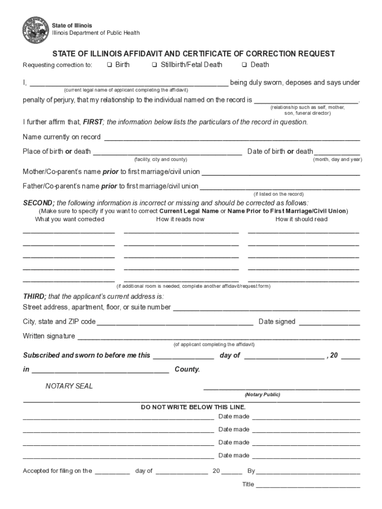 State of Illinois Affidavit and Certificate of Correction Request  Form