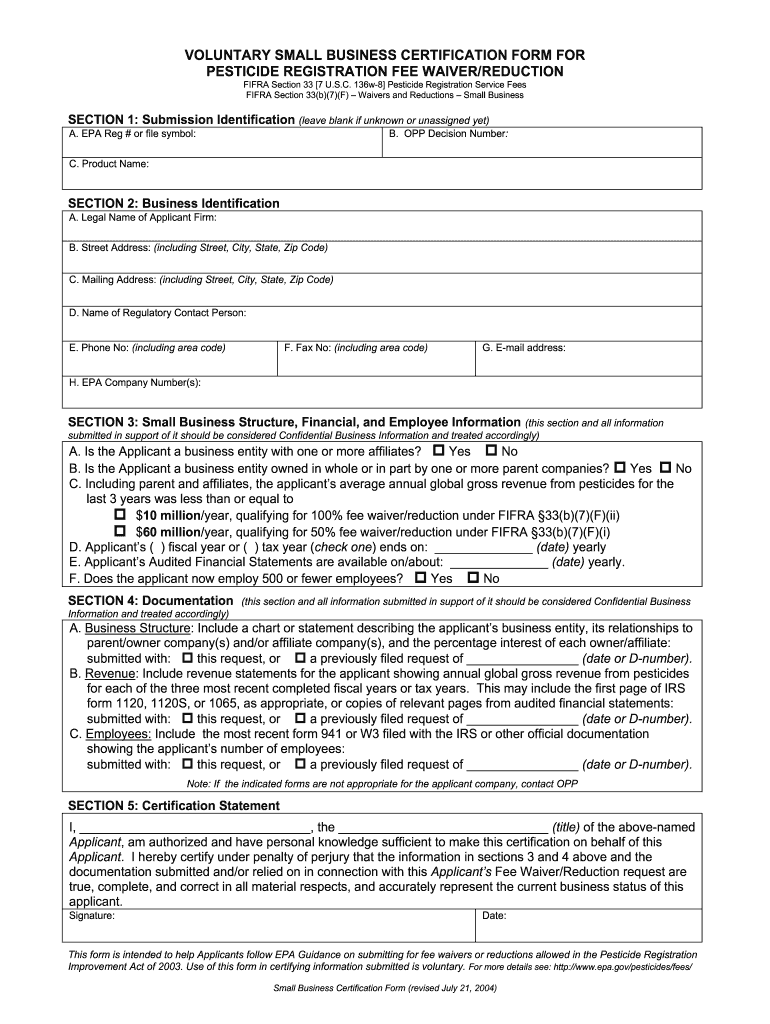  Small Business Self Certification Form 2004-2024