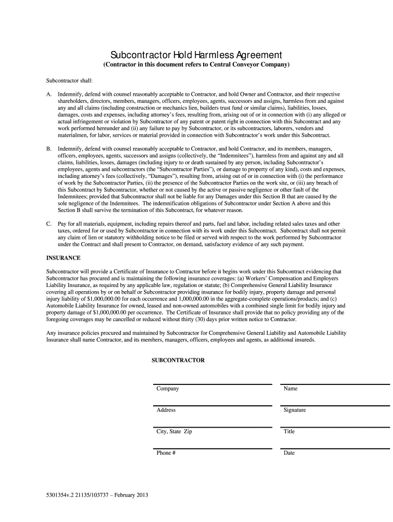 Blank Hold Harmless Agreement PDF  Form