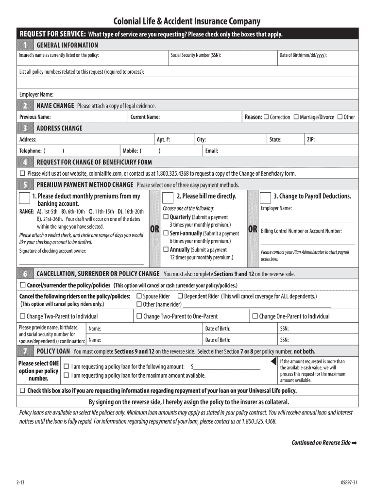 Colonial Life Request for Service Form
