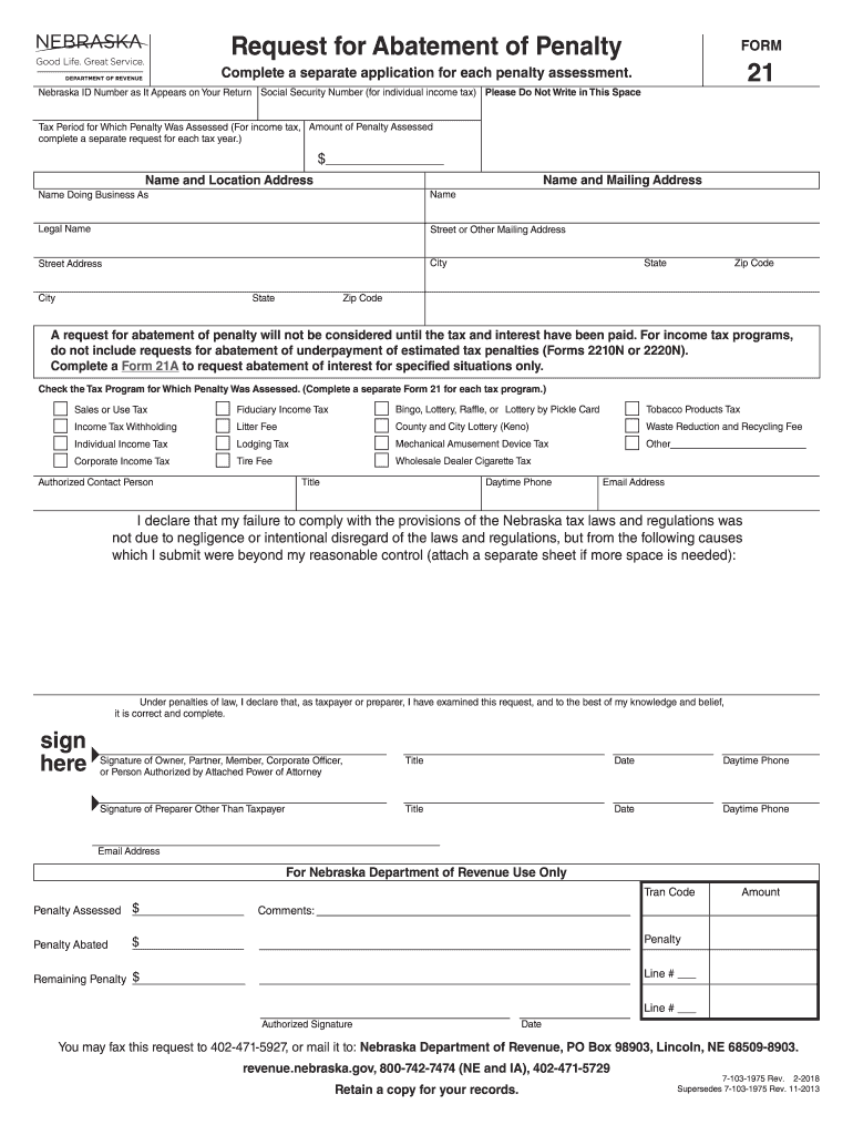  Form 21, Request for Abatement of Penalty  Nebraska Department 2013